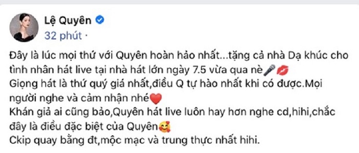 Bài đăng như một lời đáp trả những chê bai về giọng hát của Lệ Quyên Bài đăng như một lời đáp trả những chê bai về giọng hát của Lệ Quyên