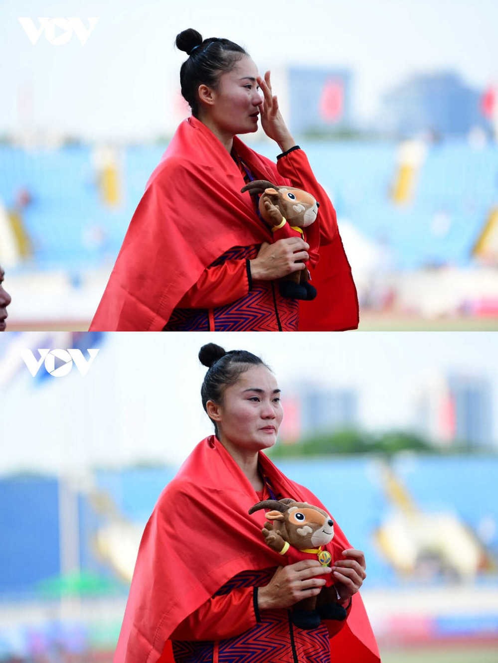 Nữ vận động viên rơi nước mắt vì đạt được ước mơ ấp ủ suốt 10 năm, lần đầu tiên giành được tấm huy chương vàng cá nhân (Ảnh VOV)