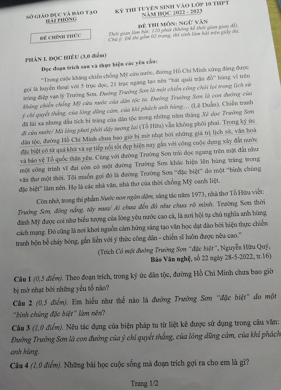 Đề thi môn Ngữ Văn kỳ thi vào lớp 10 năm 2022 TP. Hải Phòng chính xác nhất