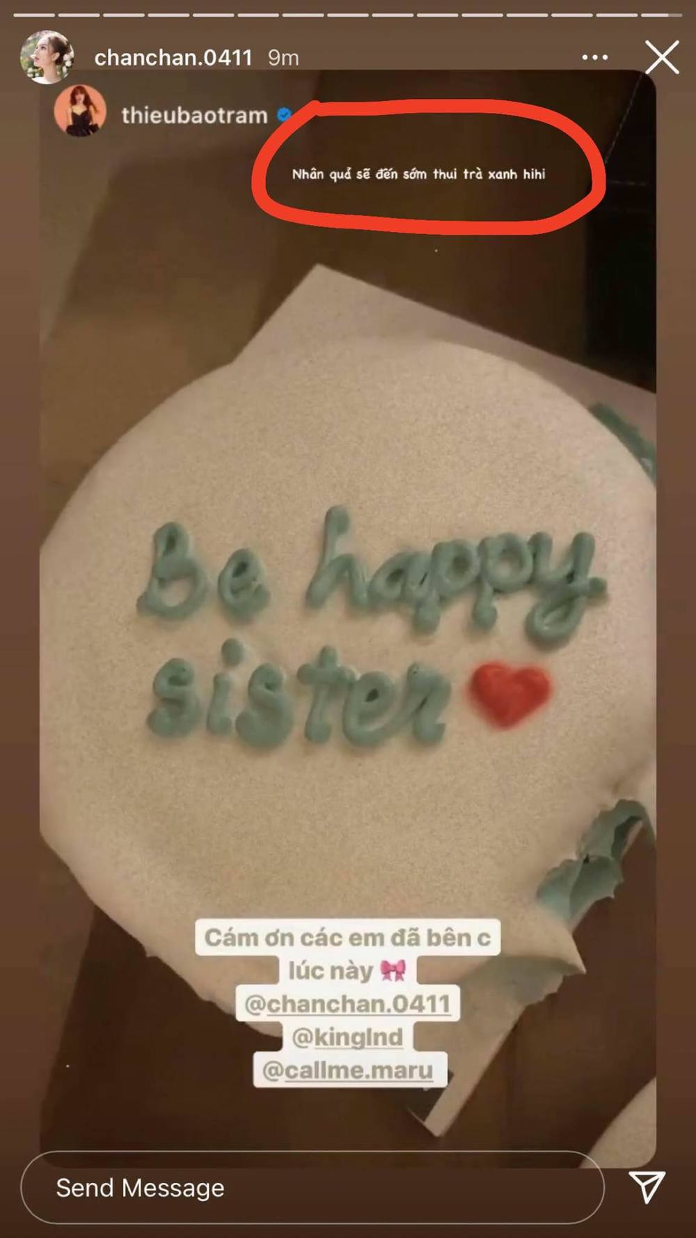 Cú chốt hạ khiến cộng đồng mạng càng thêm chắc chắn có “trà xanh” chen chân vào cuộc tình đến từ phía Xoài Non khi cô ẩn ý: 'Nhân quả sẽ đến với trà xanh'. Ảnh: chụp màn hình