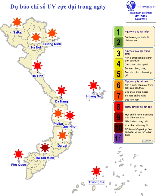 Chỉ số tia cực tím ở nhiều tỉnh thành ngày 24/1. Ảnh: VTC