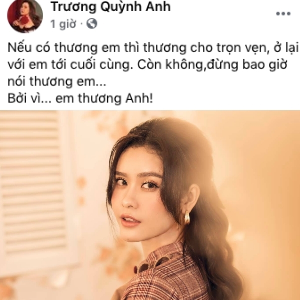 Dòng chia sẻ 'ẩn ý' của Trương Quỳnh Anh. Ảnh: chụp màn hình Dòng chia sẻ 'ẩn ý' của Trương Quỳnh Anh. Ảnh: chụp màn hình