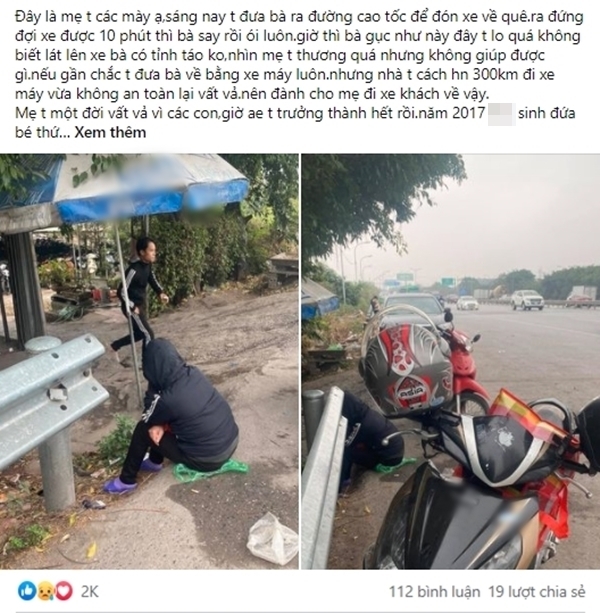 Đến khi về, mới đứng đợi xe khách được 10 phút, bà đã ói luôn và ngồi ngay bên vệ đường. Ảnh: chụp màn hình