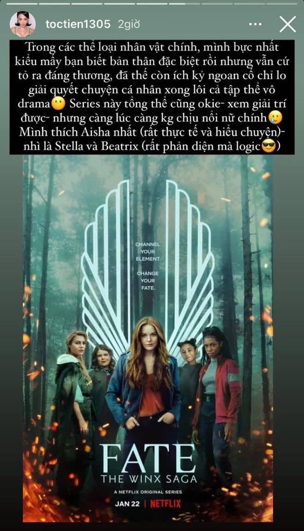Dòng chia sẻ của Tóc Tiên về bộ phim Định Mệnh: Winx Saga (Fate: The Winx Saga). Ảnh: chụp màn hình Dòng chia sẻ của Tóc Tiên về bộ phim Định Mệnh: Winx Saga (Fate: The Winx Saga). Ảnh: chụp màn hình
