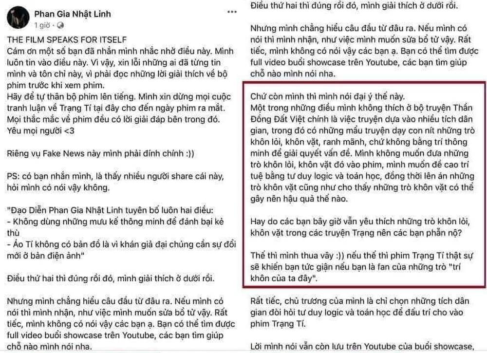 Trong khi đang dính không ít scandal, mới đây, vị đạo diễn của Trạng Tí đã bất ngờ gây xôn xao khi chia sẻ bài viết trên trang cá nhân nêu quan điểm cá nhân về nguyên tác truyện tranh Thần đồng đất Việt. Ảnh: chụp màn hình