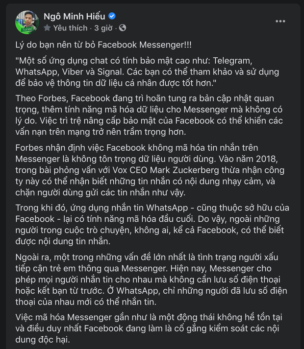 Hacker Việt hàng đầu Hiếu PC khuyên CĐM bỏ dùng Messenger 2