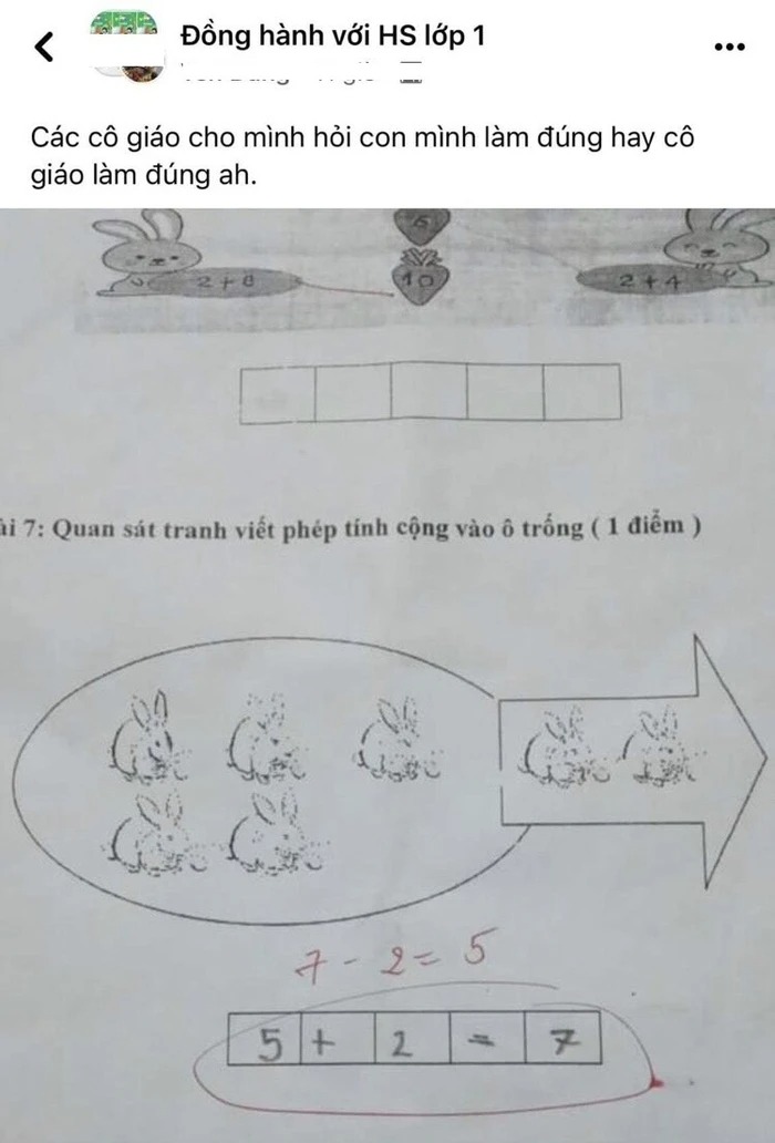 Bài toán '5+2 =7' của HS tiểu học bị cô giáo để lại lời phê gây tranh cãi khắp MXH 1