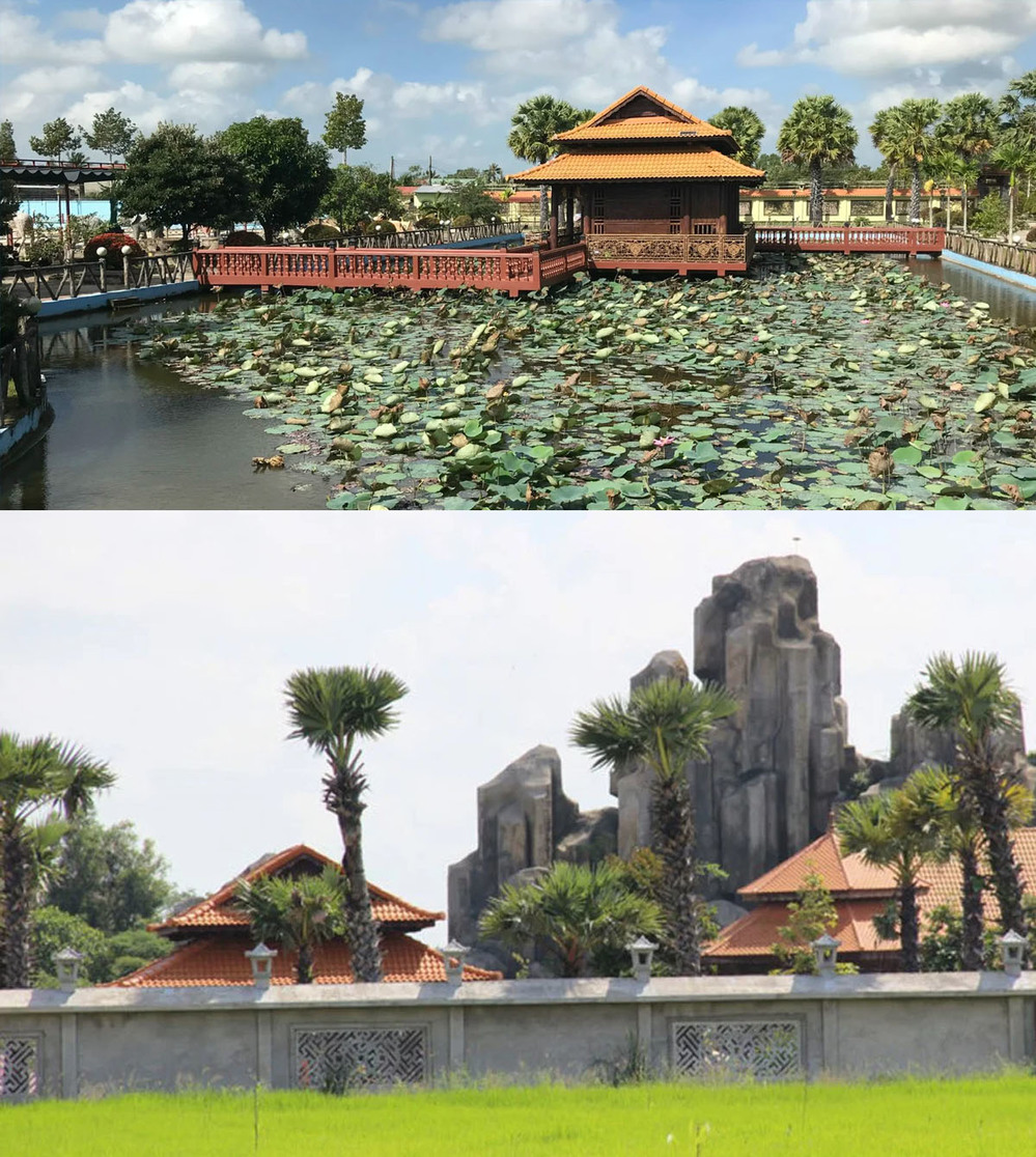 Nội thất toàn bộ là gỗ quý, đặc biệt là bộ sưu tập đồ gỗ xá xị bao gồm nhiều món hiếm có khó tìm, ngọc quý nguyên tảng điêu khắc khổng lồ. Ảnh: Zing News