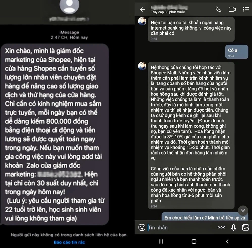 Sau đó, tìm hiểu trên Facebook, chị thấy bài đăng 'tuyển dụng cộng tác viên của trang thương mại điện tử Shopee' với mức lương 4-8 triệu/tháng.