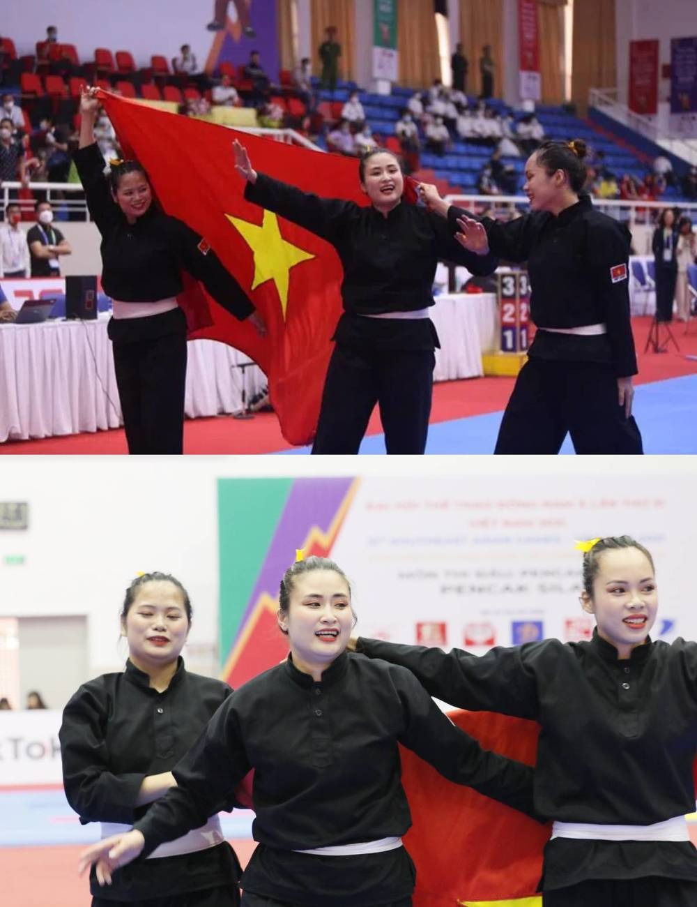 Thu Hà (đứng giữa) ăn mừng cùng đồng đội. Ảnh: Thanh Niên