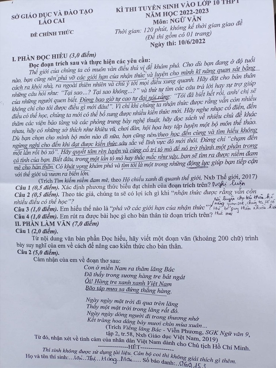 Đáp án thi lớp 10 môn Ngữ văn tỉnh Lào Cai năm 2022 - Ảnh 3