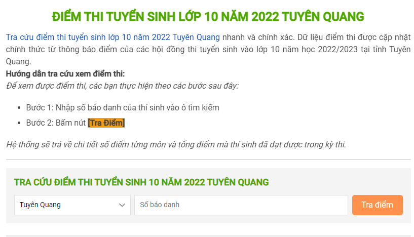 Tra cứu điểm thi lớp 10 tỉnh Tuyên Quang năm 2022 chính xác nhất