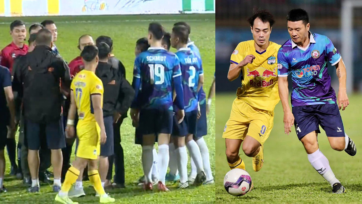 Cầu thủ Bình Định phản ứng sau quyết định thổi 11m của trọng tài. Ảnh: Internet