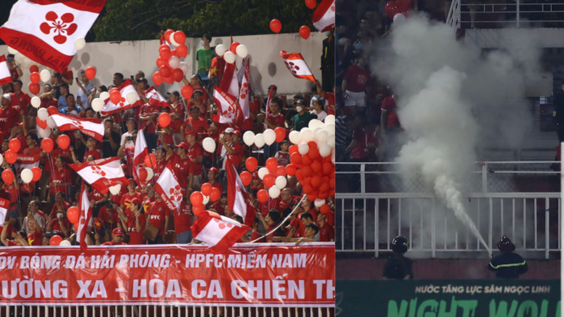 Một CĐV Hải Phòng phải đi cấp cứu vì nổ bóng bay. Ảnh: Internet