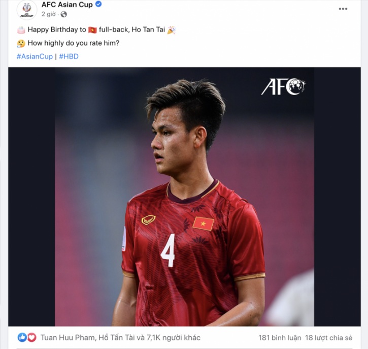 Hậu vệ Hồ Tấn Tài bất ngờ được AFC chúc mừng sinh nhật. Ảnh: Internet Hậu vệ Hồ Tấn Tài bất ngờ được AFC chúc mừng sinh nhật. Ảnh: Internet