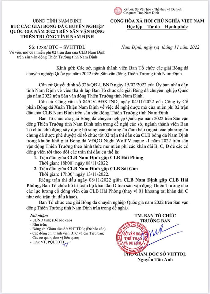 CLB Nam Định miễn phí vé vào sân cho CĐV nhà ở trận gặp Hải Phòng và Sài Gòn FC. Ảnh: Internet