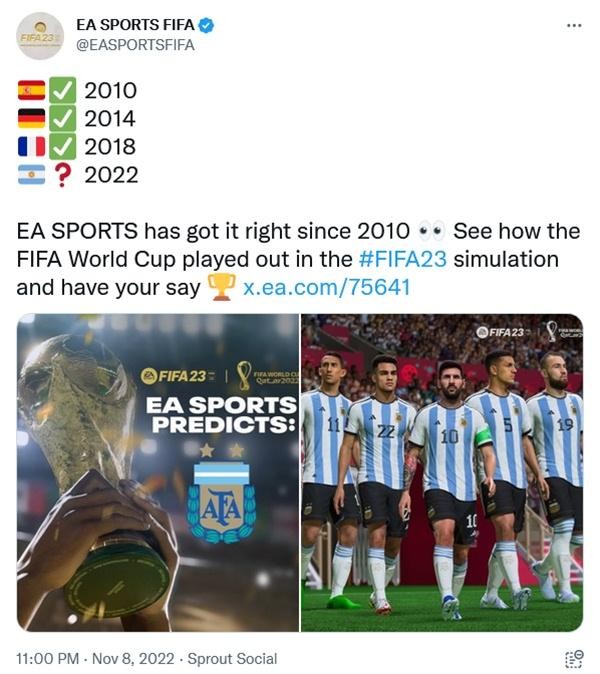 EA Sports dự đoán Argentina sẽ vô địch World Cup 2022. Ảnh: Internet EA Sports dự đoán Argentina sẽ vô địch World Cup 2022. Ảnh: Internet