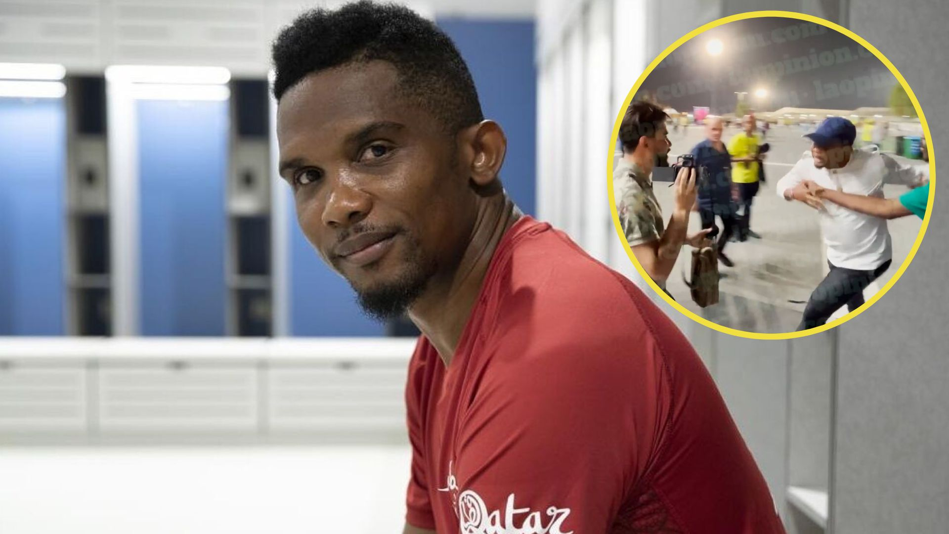 Chủ tịch LĐBĐ Cameroon - Eto'o đánh người ở World Cup 2022. Ảnh: Internet