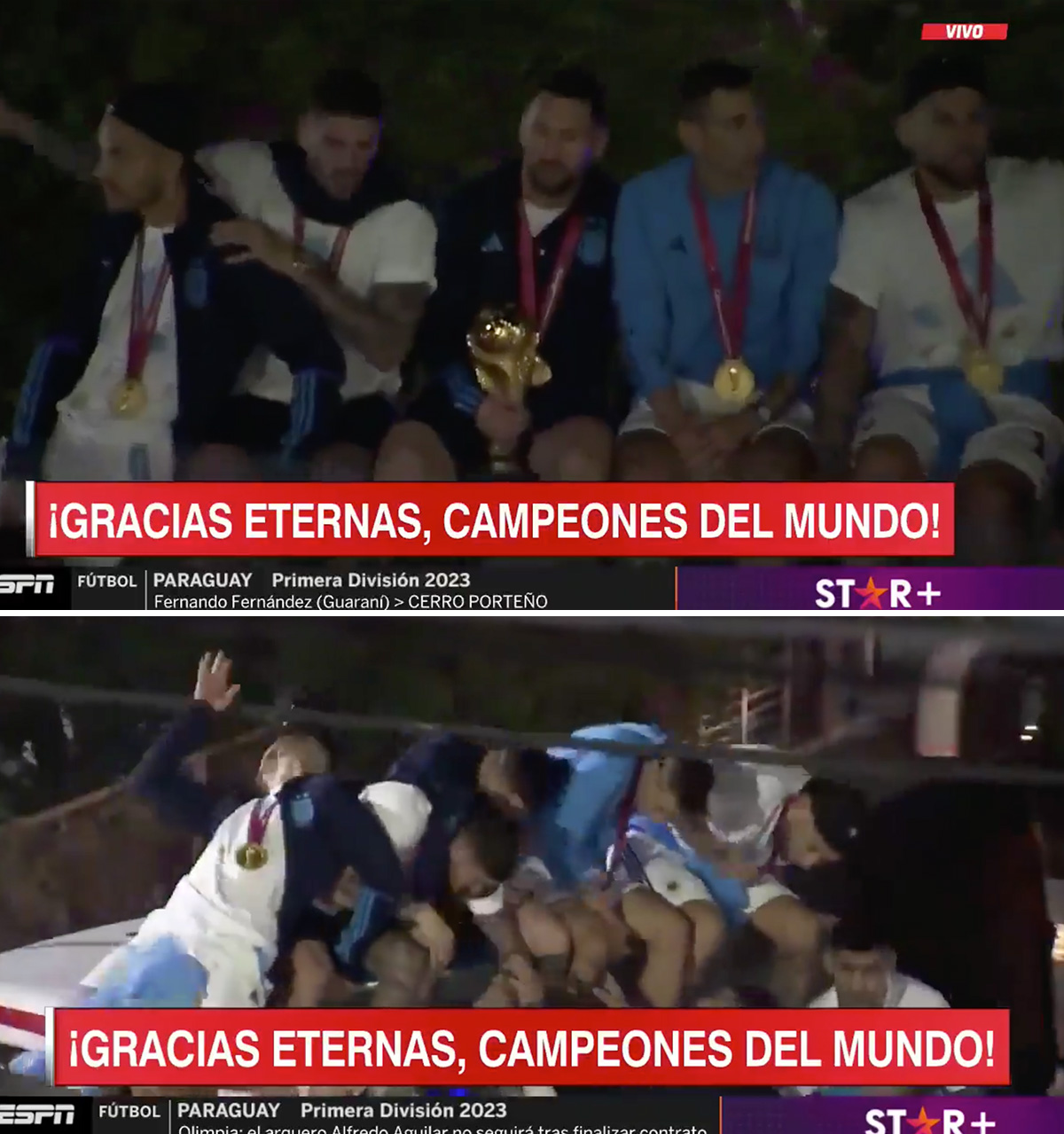 Video: Messi cùng đồng đội gặp sự cố bất ngờ khi đang diễu hành ăn mừng trên xe bus 2 tầng  - Ảnh 1