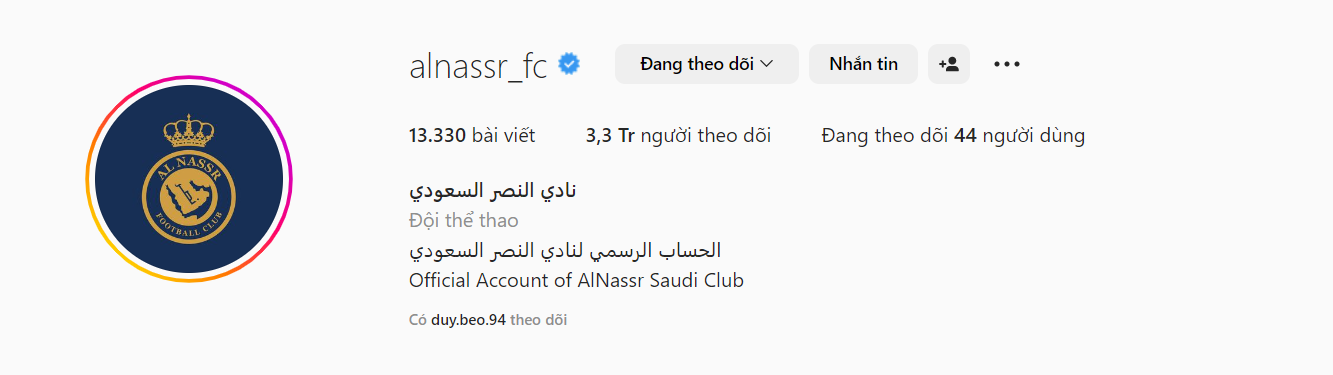 Trang Instagram của CLB Al Nassr đạt hơn 3 triệu lượt theo dõi sau khi chiêu mộ Ronaldo. Ảnh: Internet