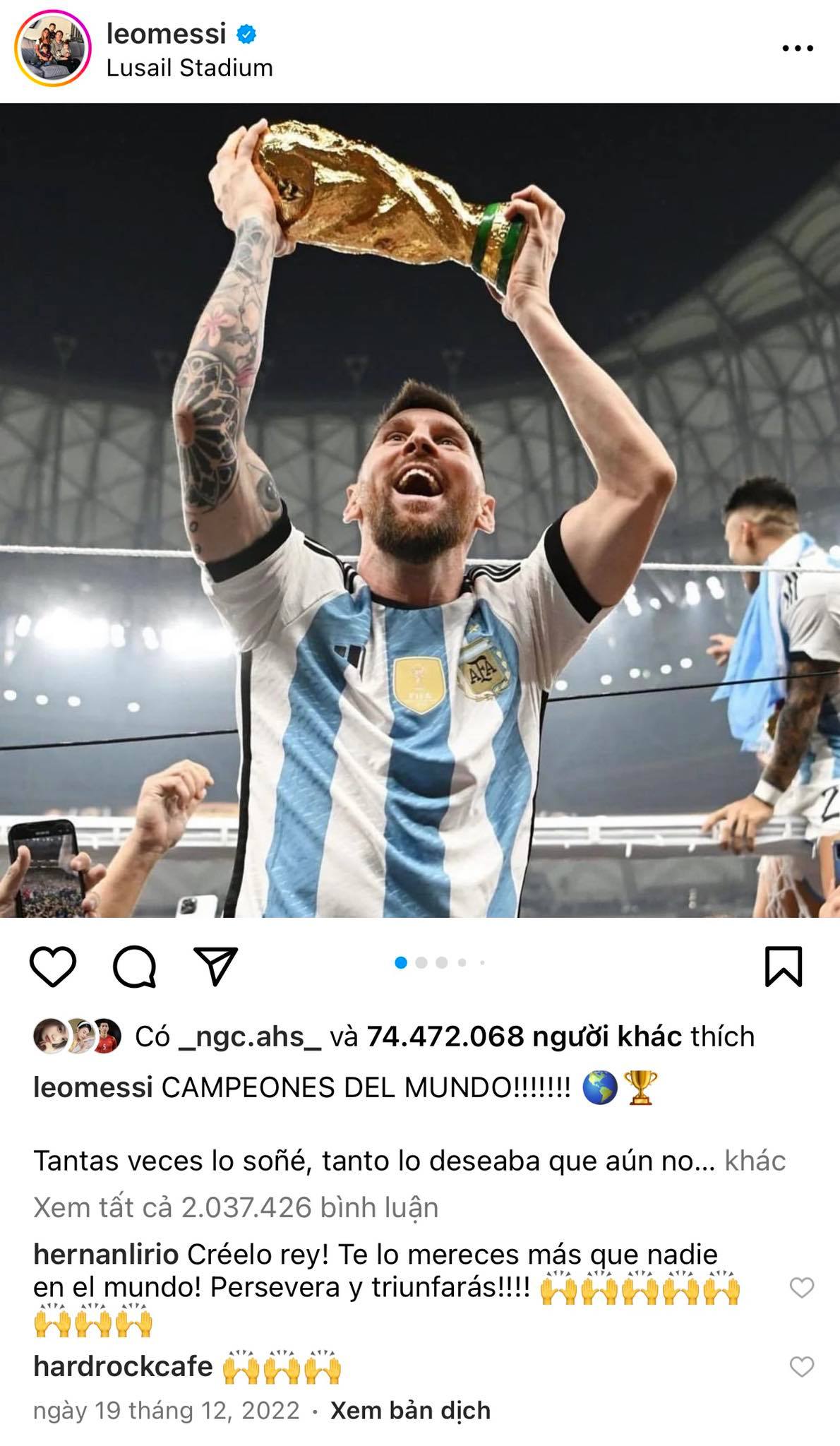 Bức ảnh Messi nâng chiếc cup pha-ke lập kỷ lục trên Instagram. Ảnh: Instagram NV