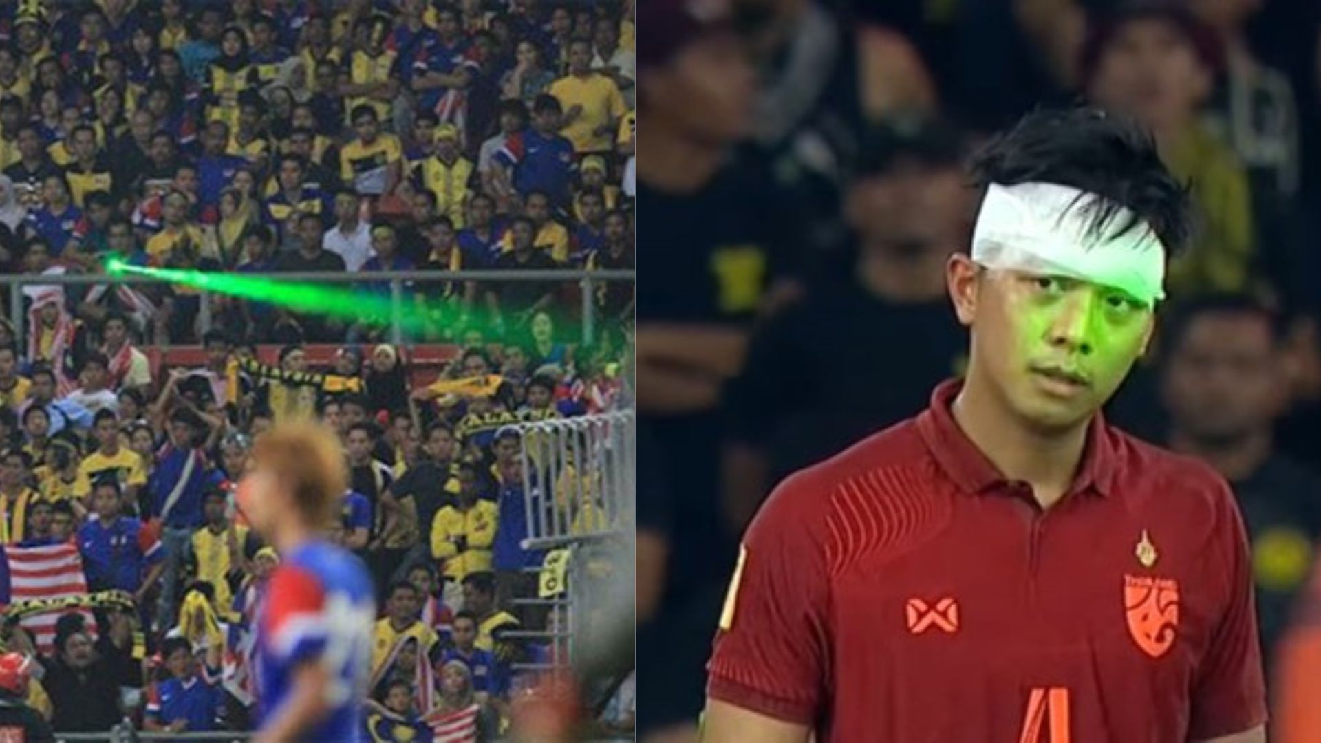 CĐV Malaysia chiếu Lazer vào cầu thủ Thái Lan. Ảnh: Internet