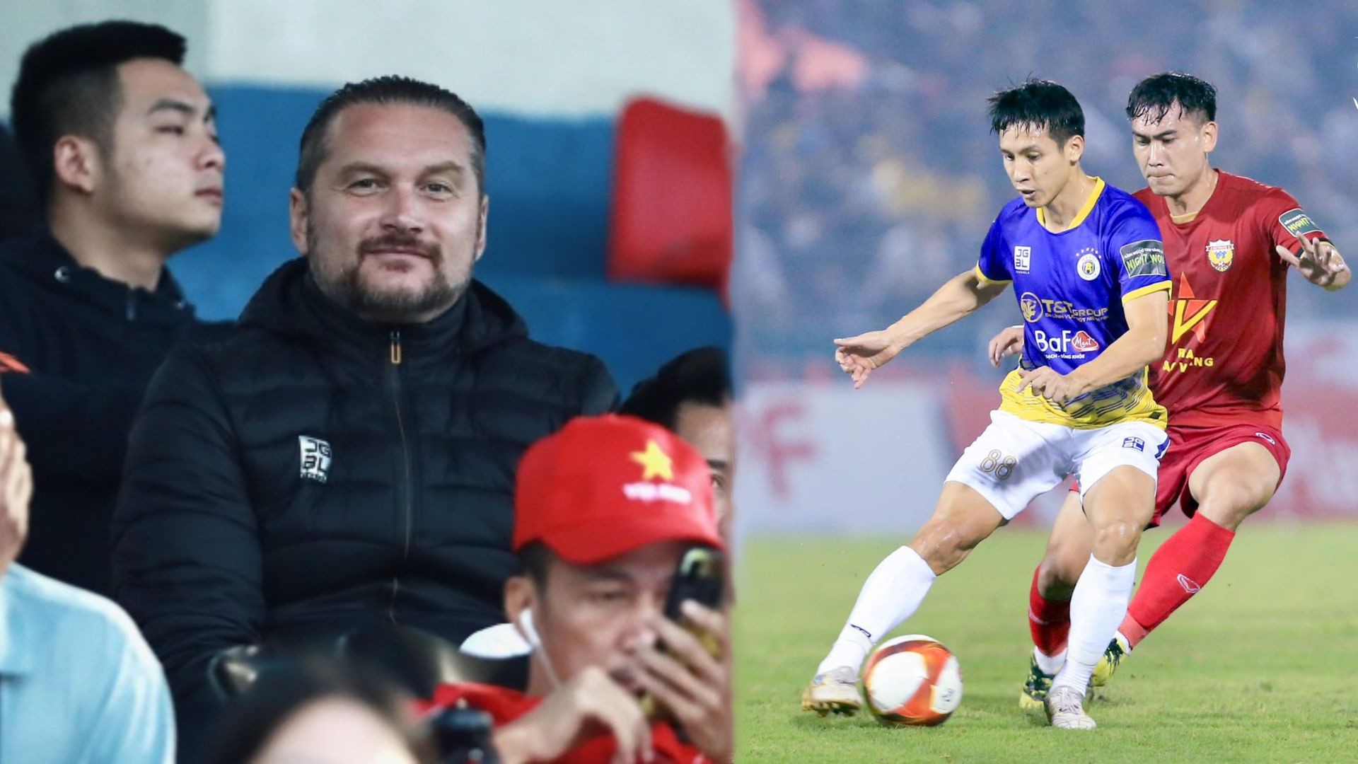 HLV Popov cùng trợ lý cũng đến dự khán trận Hà Nội FC đấu Hà Tĩnh. Ảnh: Internet