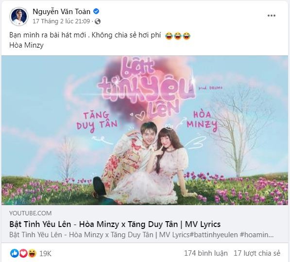 Văn Toàn chia sẻ bài hát của Hòa Minzy trên trang cá nhân Văn Toàn chia sẻ bài hát của Hòa Minzy trên trang cá nhân