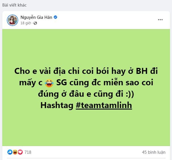 Gia Hân hỏi chỗ xem bói trên MXH. Ảnh: Chụp màn hình Gia Hân hỏi chỗ xem bói trên MXH. Ảnh: Chụp màn hình