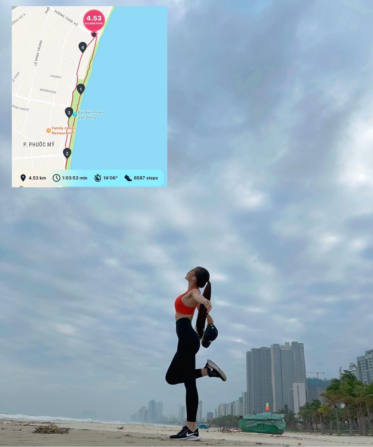 Yến Xuân tập gym bên bờ biển