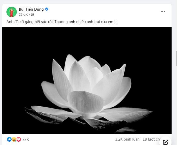 Bùi Tiến Dũng bày tỏ sự đau lòng trước sự ra đi của anh trai. Ảnh: Chụp màn hình Bùi Tiến Dũng bày tỏ sự đau lòng trước sự ra đi của anh trai. Ảnh: Chụp màn hình