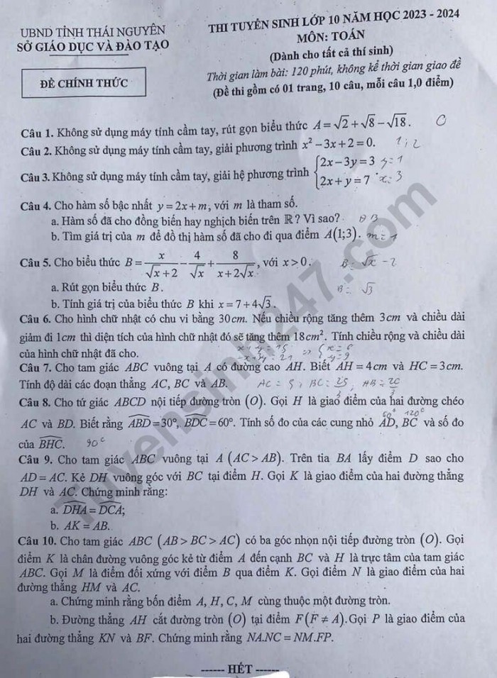 Đáp án đề thi môn Toán tuyển sinh lớp 10 Thái Nguyên năm 2023 cực nhanh, cực chính xác - Ảnh 1 Đáp án đề thi môn Toán tuyển sinh lớp 10 Thái Nguyên năm 2023 cực nhanh, cực chính xác - Ảnh 1