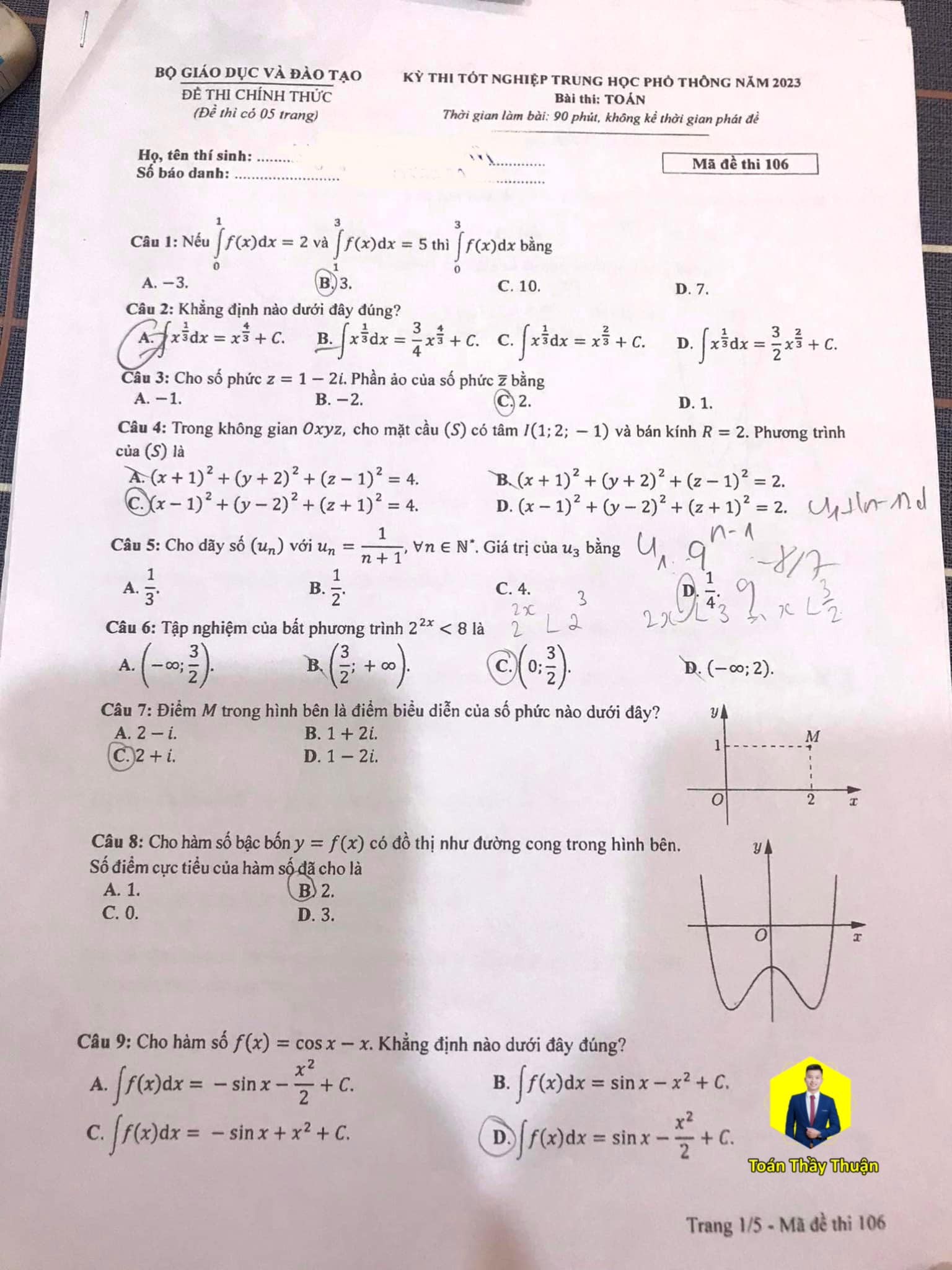 Đáp án môn Toán mã đề 106 kỳ thi tốt nghiệp THPT 2023 - Ảnh 1 Đáp án môn Toán mã đề 106 kỳ thi tốt nghiệp THPT 2023 - Ảnh 1