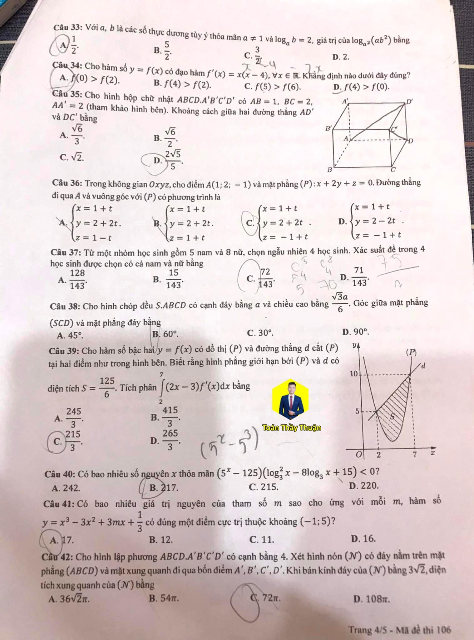 Đáp án môn Toán mã đề 106 kỳ thi tốt nghiệp THPT 2023 - Ảnh 4 Đáp án môn Toán mã đề 106 kỳ thi tốt nghiệp THPT 2023 - Ảnh 4