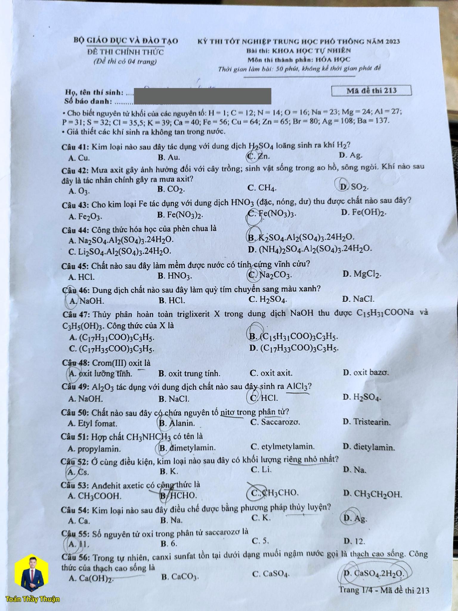 Đáp án môn Hóa học mã đề 213 kỳ thi tốt nghiệp THPT 2023 - Ảnh 1 Đáp án môn Hóa học mã đề 213 kỳ thi tốt nghiệp THPT 2023 - Ảnh 1