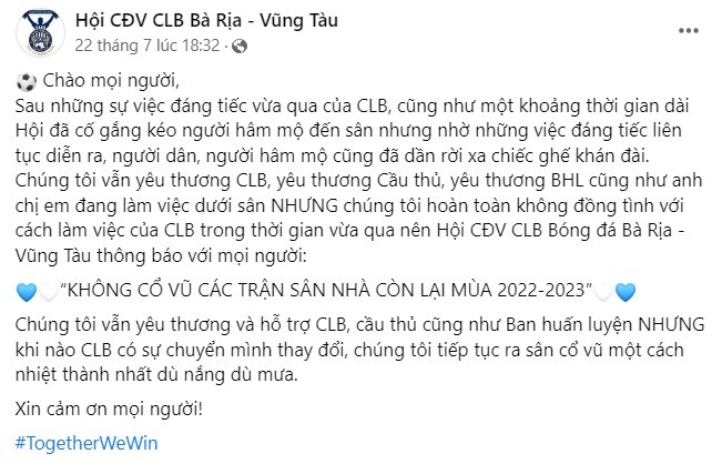 CĐV Bà Rịa-Vũng Tàu sẽ không đến sân cổ vũ cho đội nhà CĐV Bà Rịa-Vũng Tàu sẽ không đến sân cổ vũ cho đội nhà