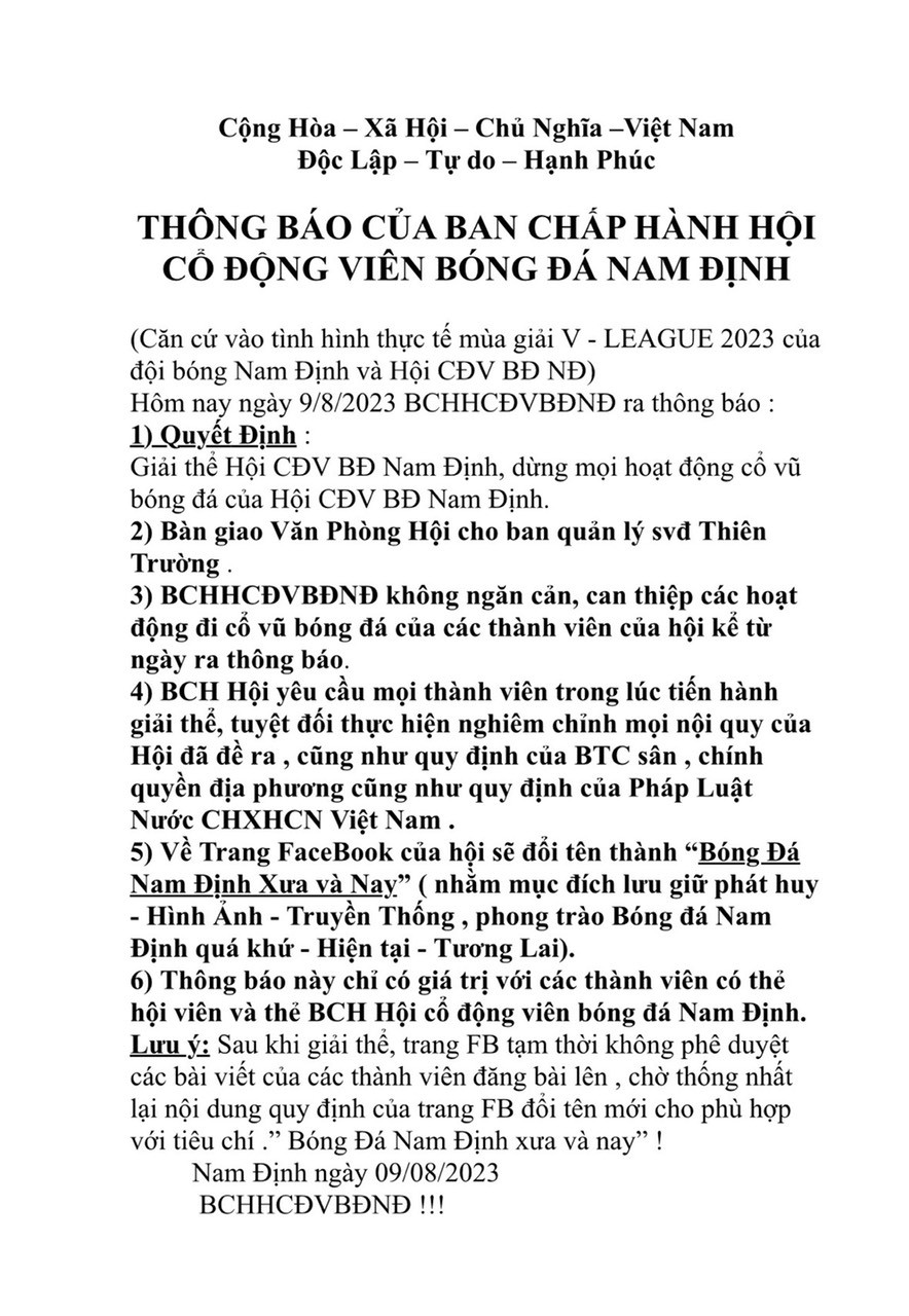 Hội CĐV Nam Định chính thức giải thể Hội CĐV Nam Định chính thức giải thể
