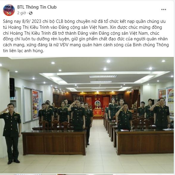 Fanpage CLB bóng chuyền BTL Thông tin thông báo rằng VĐV Kiều Trinh đã được kết nạp Đảng Fanpage CLB bóng chuyền BTL Thông tin thông báo rằng VĐV Kiều Trinh đã được kết nạp Đảng