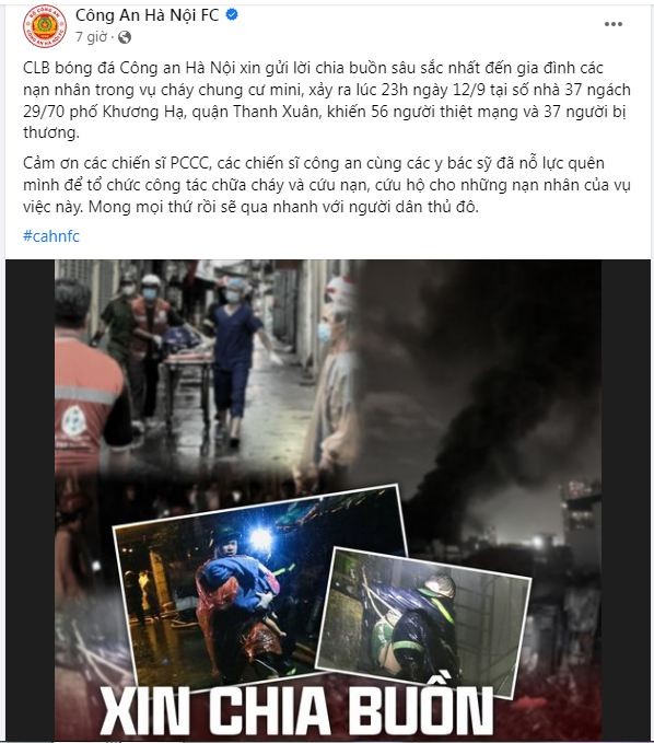 CLB Công an Hà Nội gửi lời chia buồn đến gia đình các nạn nhân vụ cháy chung cư mini CLB Công an Hà Nội gửi lời chia buồn đến gia đình các nạn nhân vụ cháy chung cư mini