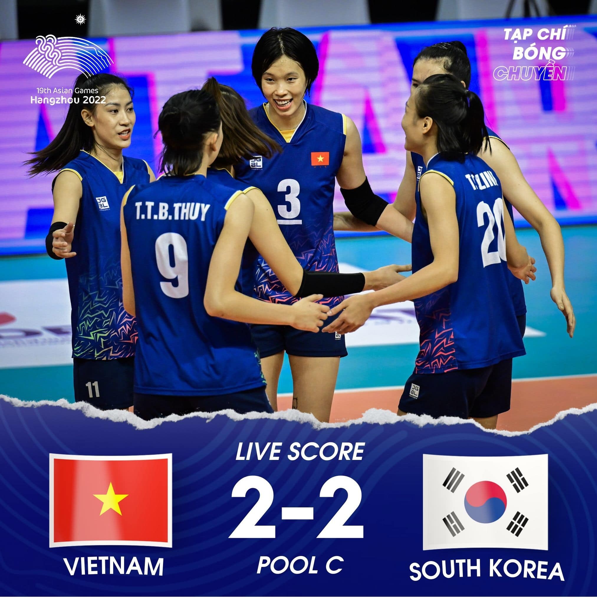 ASIAD 19: Tuyển bóng chuyền nữ Việt Nam ngược dòng đầy kịch tính trước Hàn Quốc - Ảnh 4 ASIAD 19: Tuyển bóng chuyền nữ Việt Nam ngược dòng đầy kịch tính trước Hàn Quốc - Ảnh 4