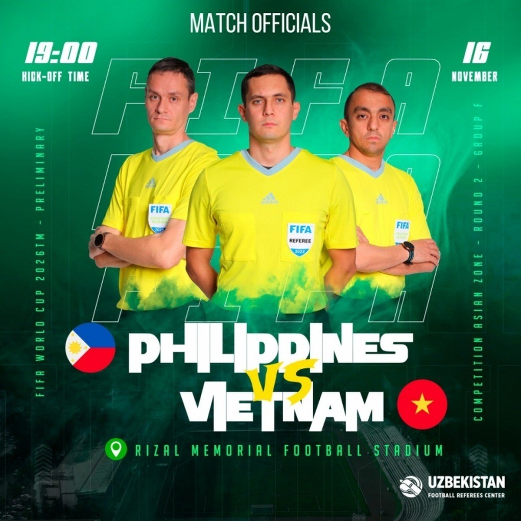 AFC cũng đã phân công tổ trọng tài người Uzbekistan bắt trận Việt Nam vs Philippines