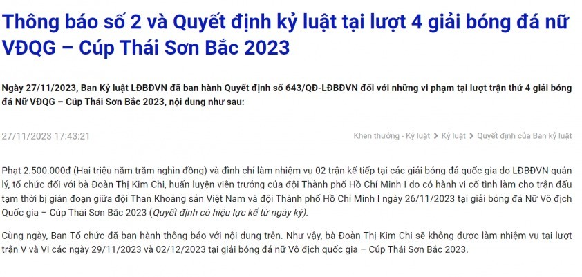 VFF thông báo án phạt dành cho HLV Đoàn Thị Kim Chi. Ảnh: VFF