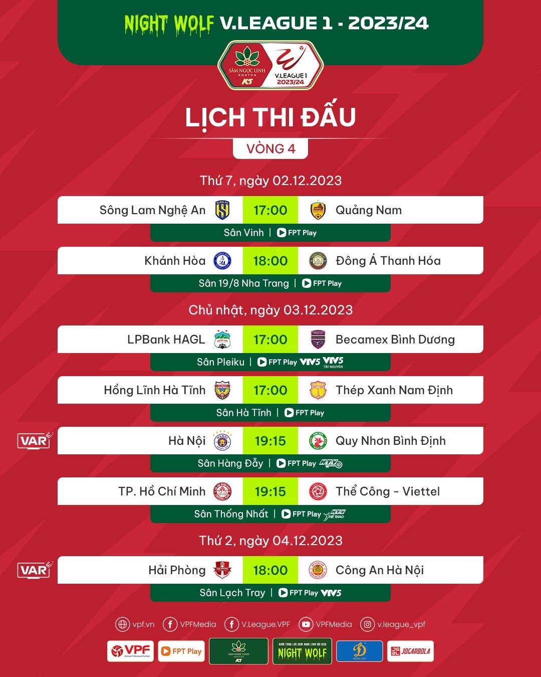 Lịch thi đấu vòng 4 V-League 2023/24. Ảnh: VPF Lịch thi đấu vòng 4 V-League 2023/24. Ảnh: VPF