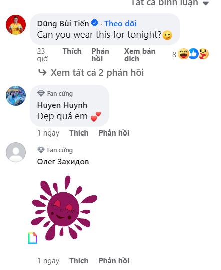 Dưới bài đăng trên trang cá nhân, Dianka nhận được “mưa lời khen” từ cộng đồng mạng. “Đẹp quá em”; “Quá đẹp”; “Đẹp thật’. Thủ môn Bùi Tiến Dũng cũng không thể “đứng ngồi không yên” trước sắc vóc đẹp mê hồn của bà xã. “Bạn có thể mặc cái này cho tối nay không”