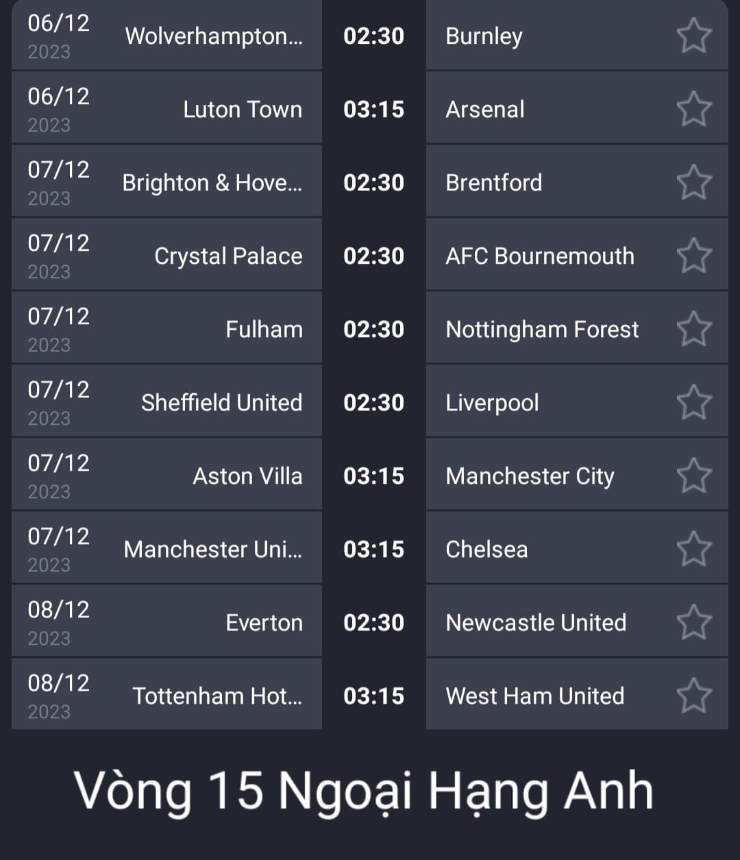 Lịch thi đấu vòng 15 Ngoại hạng Anh. Ảnh: Internet