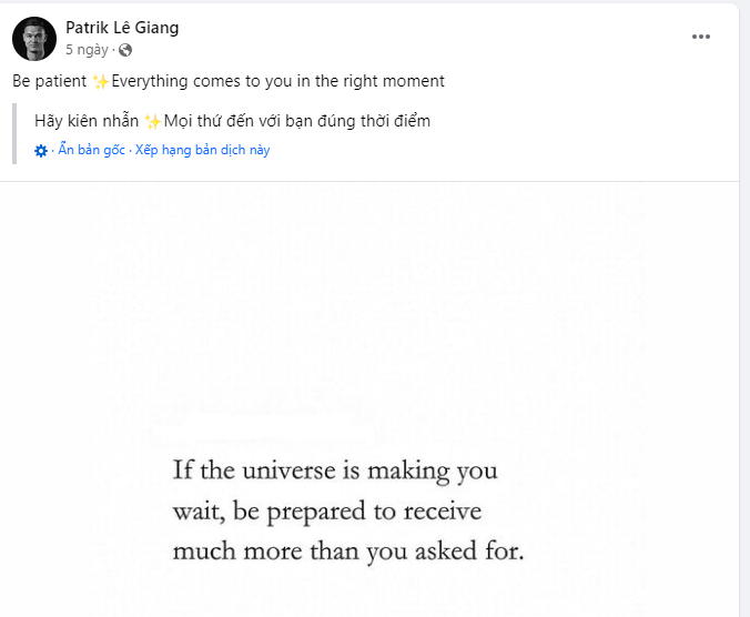 Patrik Lê Giang chia sẻ dòng trạng thái đầy ẩn ý trên trang cá nhân. Ảnh: Internet Patrik Lê Giang chia sẻ dòng trạng thái đầy ẩn ý trên trang cá nhân. Ảnh: Internet