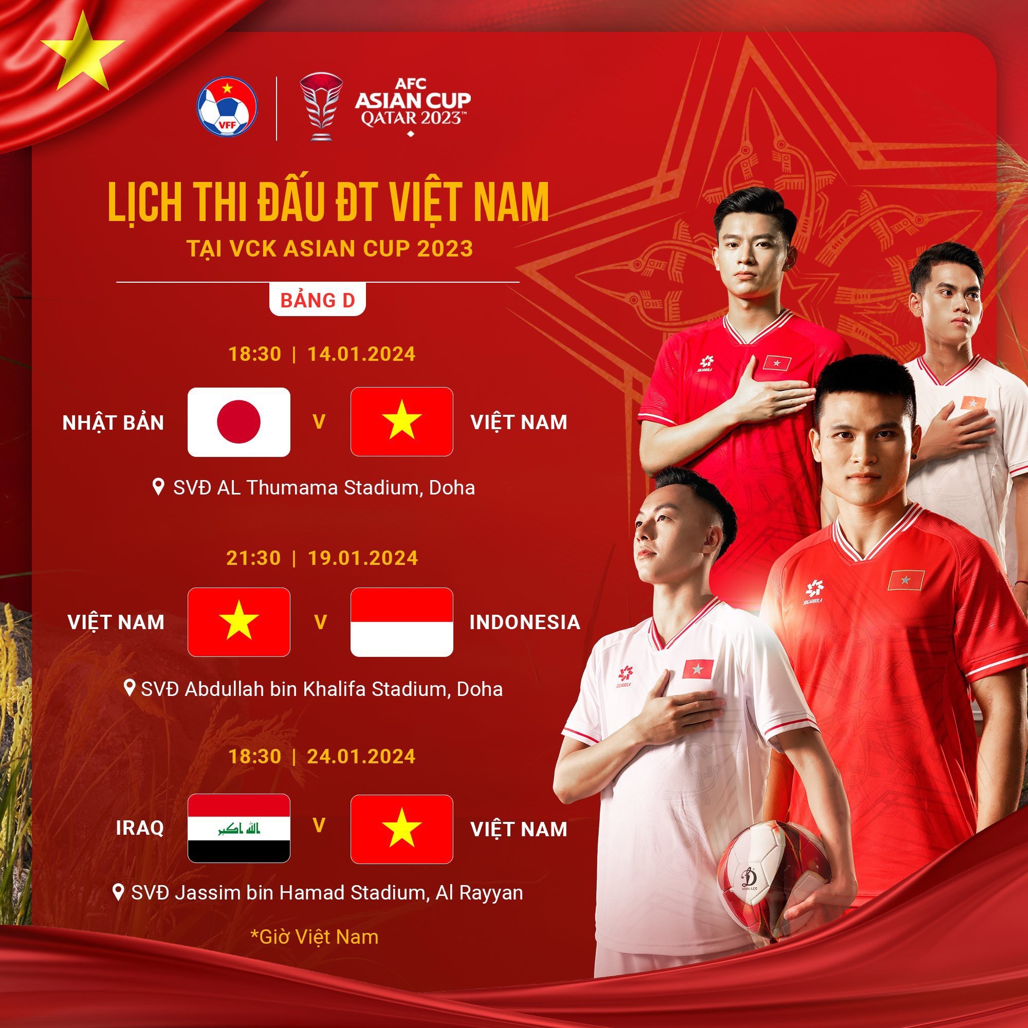 Lịch thi đấu của tuyển Việt Nam tại VCK Asian Cup 2023. Ảnh: Internet