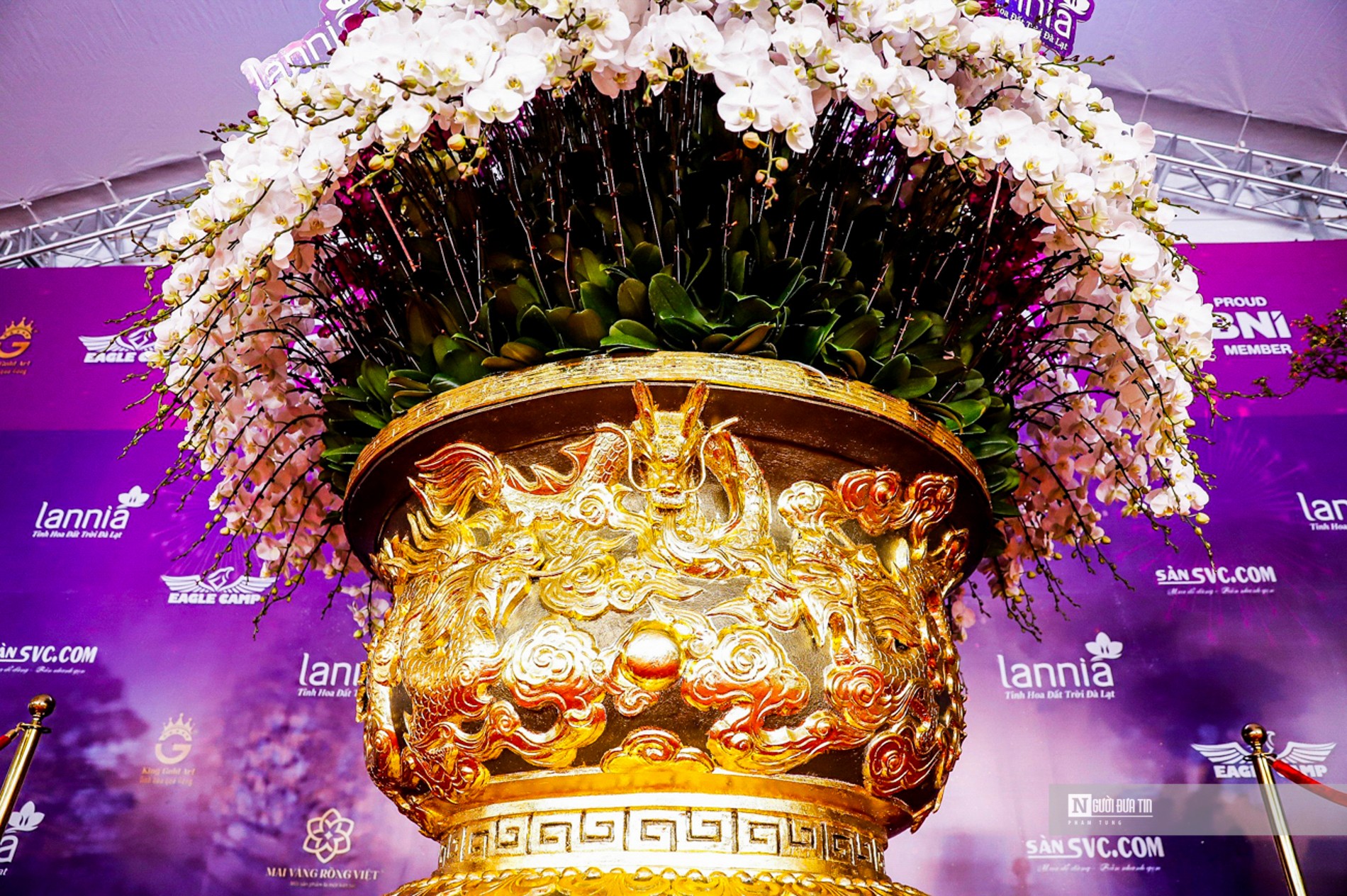 Đại diện đơn vị thực hiện chậu lan này cho biết, tác phẩm hoa lan hồ điệp 9 tầng có phần chậu tạo hình 9 con rồng đang uốn lượn, tranh một viên ngọc.
