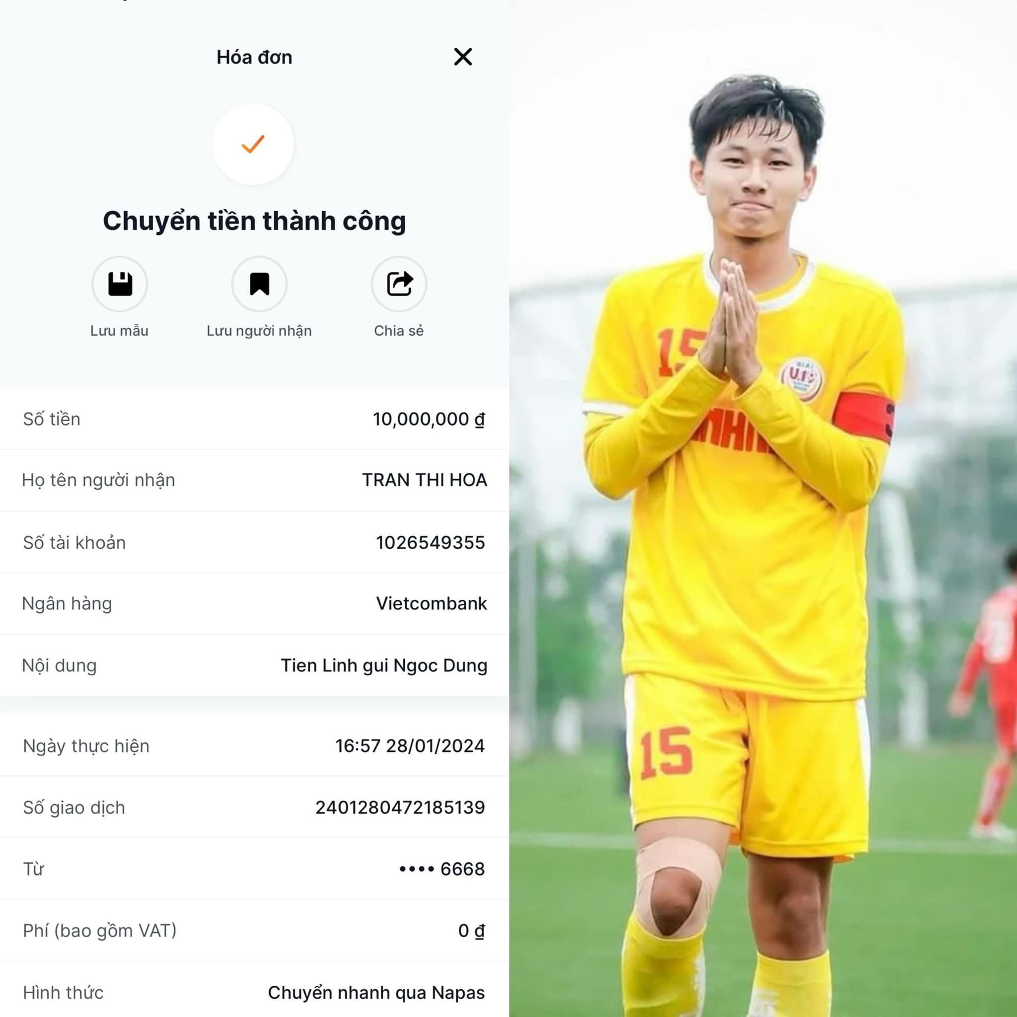 Tiền đạo Nguyễn Tiến Linh hỗ trợ Trần Ngọc Dũng số tiền 10 triệu đồng. Ảnh: FBNV