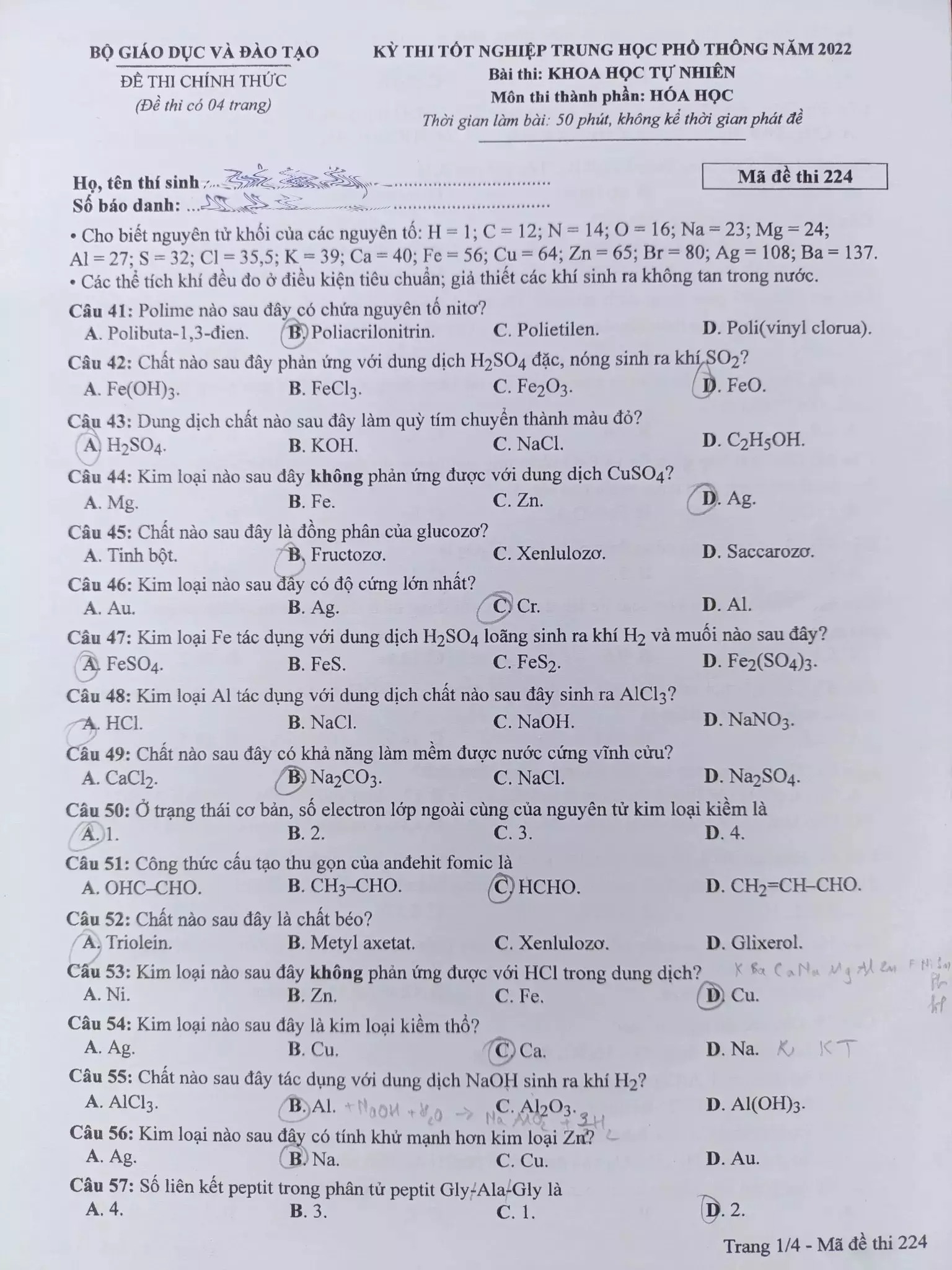 Đáp án chính thức môn Hóa học tốt nghiệp THPT 2022 của Bộ GD-ĐT